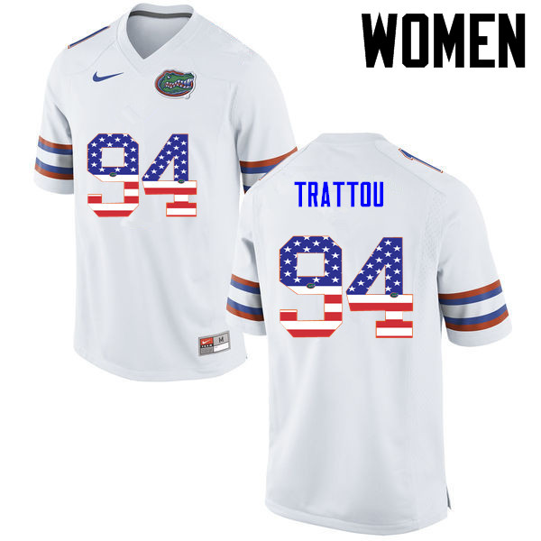 Women Florida Gators #94 Justin Trattou College Football USA Flag Fashion Jerseys-White